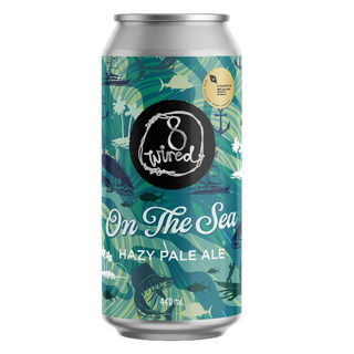 Can of '8 Twired On The Sea Hazy Pale Ale' with a blue and green design on a white background
