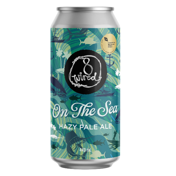 Can of '8 Twired On The Sea Hazy Pale Ale' with a blue and green design on a white background