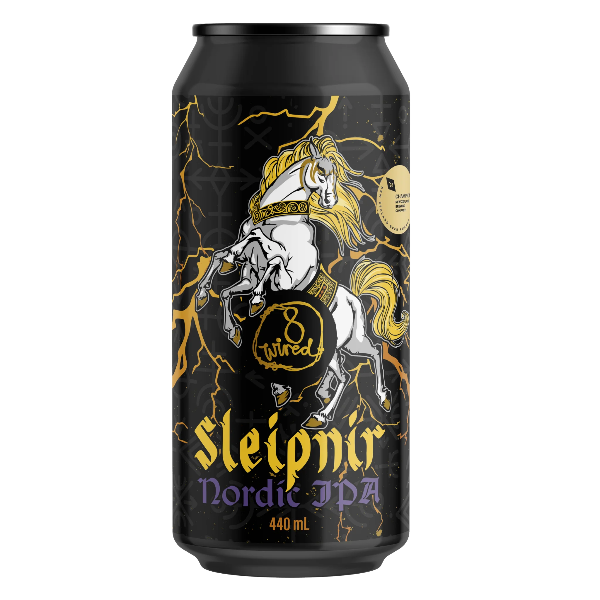 Sleipnir Nordic IPA can with horse design on a black background