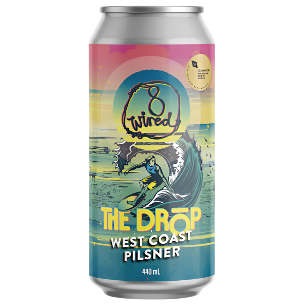 8 Wired The Drop West Coast Pilsner can on a colorful gradient background