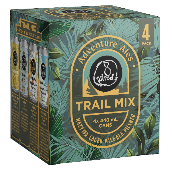 Packaging of Adventure Ales & Twined Trail Mix beer cans with leaf design