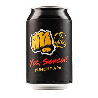 Black can of 'Yes, Sensei! Punchy APA' with a yellow fist graphic and text on a white background