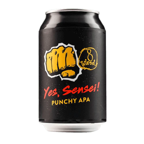 Black can of 'Yes, Sensei! Punchy APA' with a yellow fist graphic and text on a white background