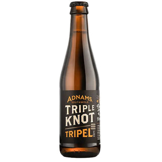 Brown beer bottle with 'Adnams Triple Knot Tripel' label on a white background