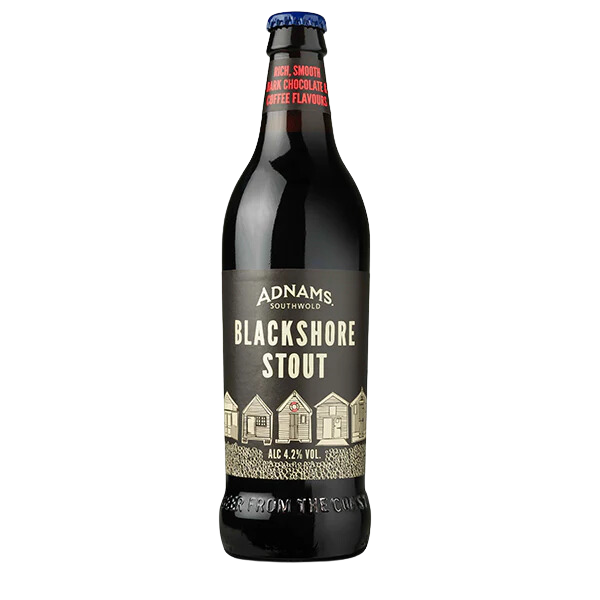 A bottle of Adnams Blackshore Stout with a dark label, featuring the name and alcohol volume information.