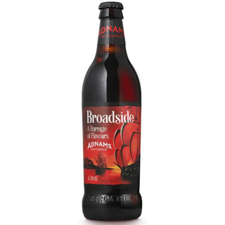 Bottle of Broadside beer with a red label on a white background