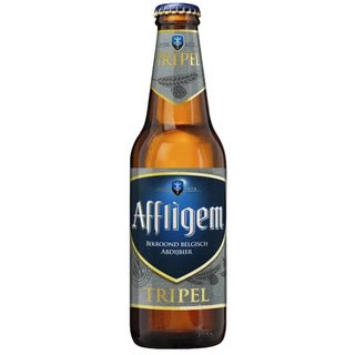 A bottle of Affligem Tripel beer with a label that has the brand name, 'AFFLIGEM', and the word 'TRIPLE' on it, against a white background.