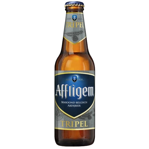 A bottle of Affligem Tripel beer with a label that has the brand name, 'AFFLIGEM', and the word 'TRIPLE' on it, against a white background.