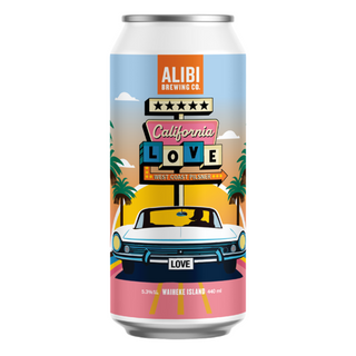 Alibi Brewing Co can with a retro design featuring a car and 'California Love' sign.