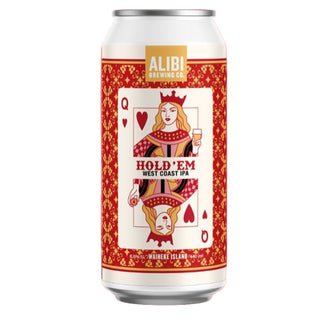 Alibi Brewing Co. beer can with a Queen of Hearts design on a red background