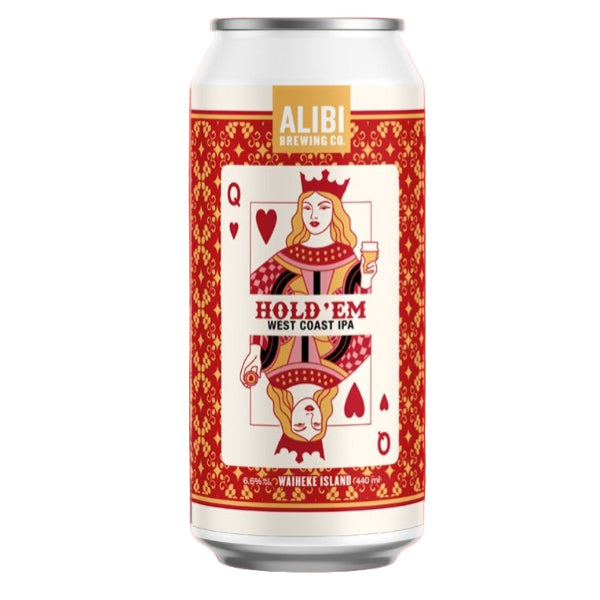Alibi Brewing Co. beer can with a Queen of Hearts design on a red background