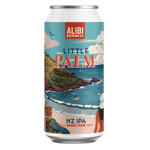Alibi Brewing Co. Little Palm NZ IPA can with beach scene design on a white background