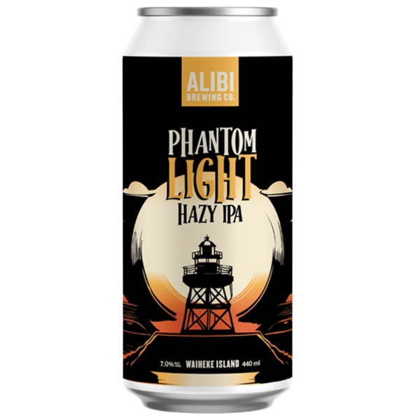 Alibi Brewing Co. Phantom Light Hazy IPA can with lighthouse design on a white background