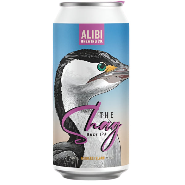 Alibi Brewing Co. can with a bird illustration on a purple background