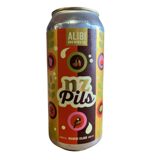 Alibi Brewing Co nz Pils can with colorful design on a white background