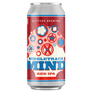 Beer can with 'Singletrack Mind Red IPA' label on a white background
