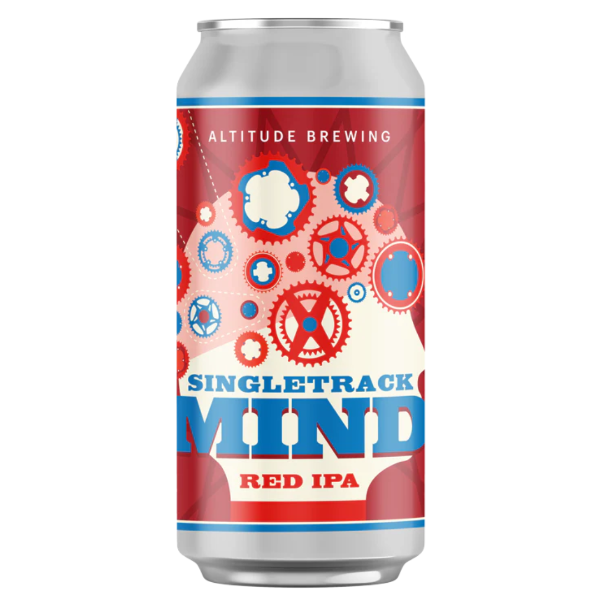 Beer can with 'Singletrack Mind Red IPA' label on a white background