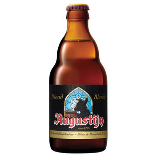 A bottle of Augustijn Blond beer with a label showing the name of the beer and the monastery's emblem.