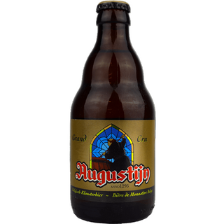 Brown beer bottle with a colorful label on a white background
