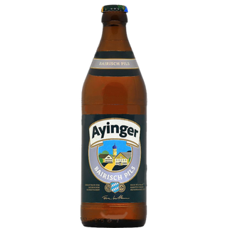 Brown beer bottle with Ayinger label on a white background