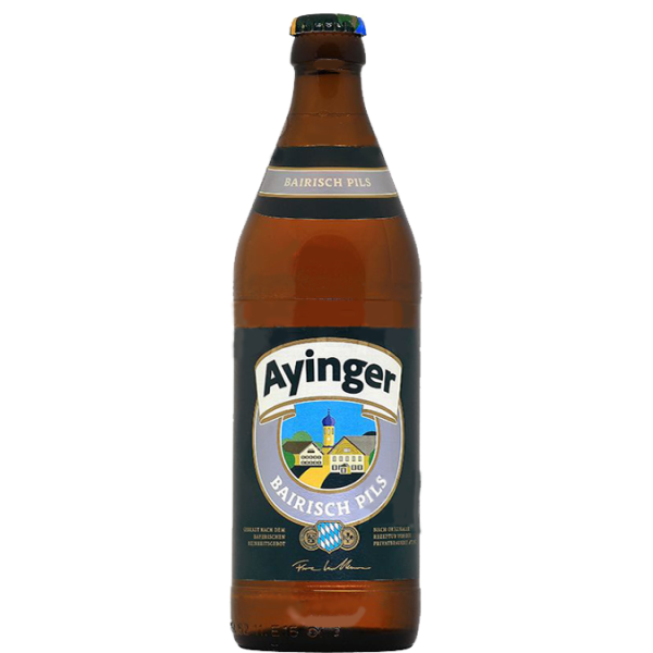 Brown beer bottle with Ayinger label on a white background