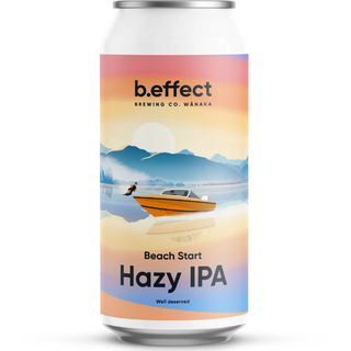 B.effect Brewing Co. Hazy IPA can with beach scene design on a white background