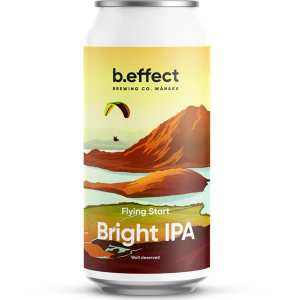B.effect Brewing Co. can with mountain and paraglider design on a white background