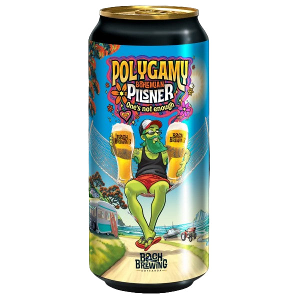 Can of Polygamu Brehmian Pilsner with colorful design and character illustration.