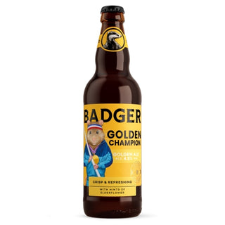 Bottle of Badger Golden Champion beer with a yellow label on a white background