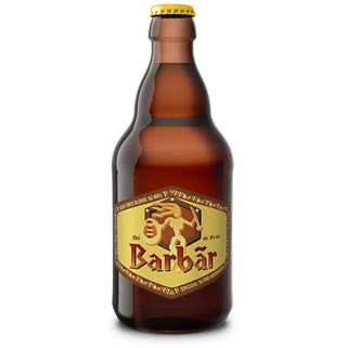 A brown glass bottle of Barbar Belgian Honey Ale with a label that has the name 'Barbar' and an illustration of a bee.