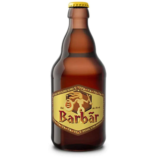 A brown glass bottle of Barbar Belgian Honey Ale with a label that has the name 'Barbar' and an illustration of a bee.