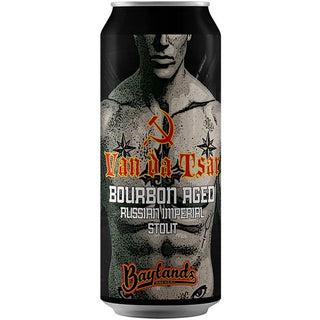Beer can with a graphic design featuring a tattooed torso and text on a white background