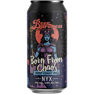 Beer can with 'Beer Baroness Brewing Company' branding and a stylized illustration on a black background.