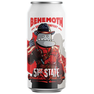 Beer can with 'Behemoth Brewing Company' branding and graphic design on a white background
