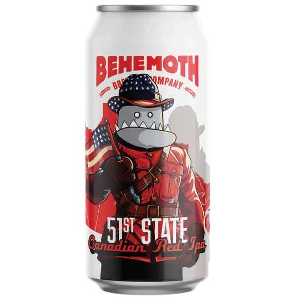 Beer can with 'Behemoth Brewing Company' branding and graphic design on a white background