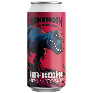 Behemoth Brewing Company beer can with dinosaur graphic on a red background