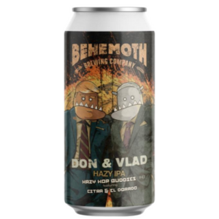 Can of Behemoth Brewing Company Don & Vlad Hazy IPA with cartoon characters on a white background