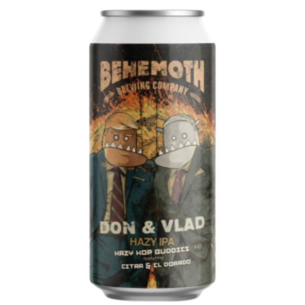 Can of Behemoth Brewing Company Don & Vlad Hazy IPA with cartoon characters on a white background