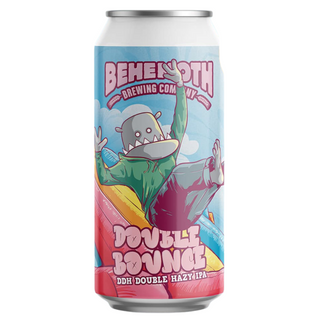 Beer can with cartoon character design and 'Behemoth Brewing Company' branding on a white background