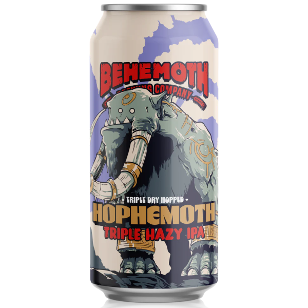 Beer can with 'Behemoth Brewing Company' branding and illustration of a creature.