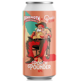 Beer can with a cowboy graphic and 'Porch Pounder APA' text on a white background