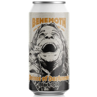 Beer can with Behemoth branding and graphic design on a white background