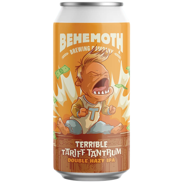 Can of Behemoth Brewing Company's Terrible Tariff Tantrum Double Hazy IPA with a cartoon character on an orange background.