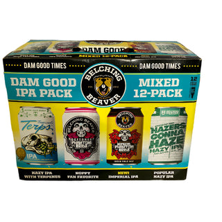 Belching Beaver beer mixed 12-pack box on a table with a computer screen in the background.