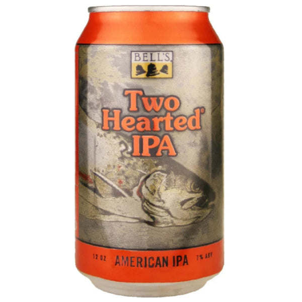 Can of Bells Two Hearted IPA with a fish graphic on a white background
