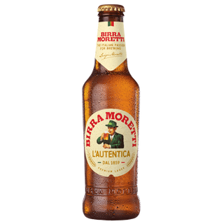 Birra Moretti beer bottle with label on a white background