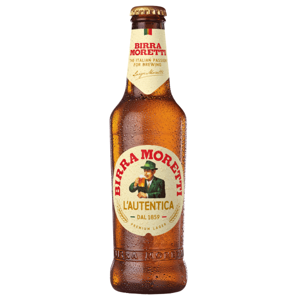 Birra Moretti beer bottle with label on a white background