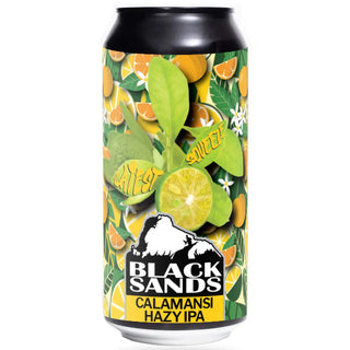 Can of Black Sands Calamansi Hazy IPA with fruit illustrations on a white background