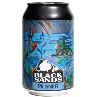 Can of Black Sands Pilsner with a colorful label featuring a beach scene.