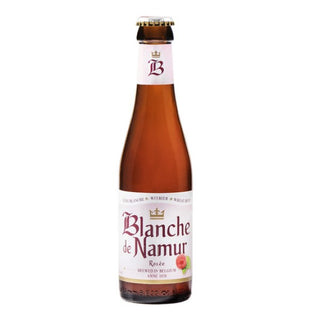 A bottle of Blanche De Namur Rosee beer with a label that includes the name of the beer and 'Bière de Namur' with a crown emblem.
